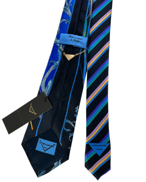 Vitaliano Pancaldi Silk Tie Black With Blue Scrollwork And Multicolor Stripes