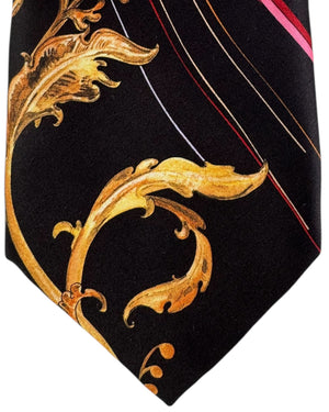 Vitaliano Pancaldi Silk Tie Black With Pink Stripes And Gold Scrollwork