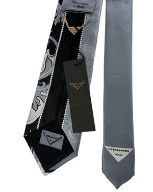 Vitaliano Pancaldi Silk Tie Gray With Black Baroque Scrollwork Design