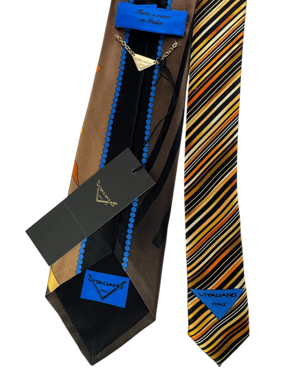 Vitaliano Pancaldi Silk Tie Brown With Gold And Orange Curved Stripe Pattern