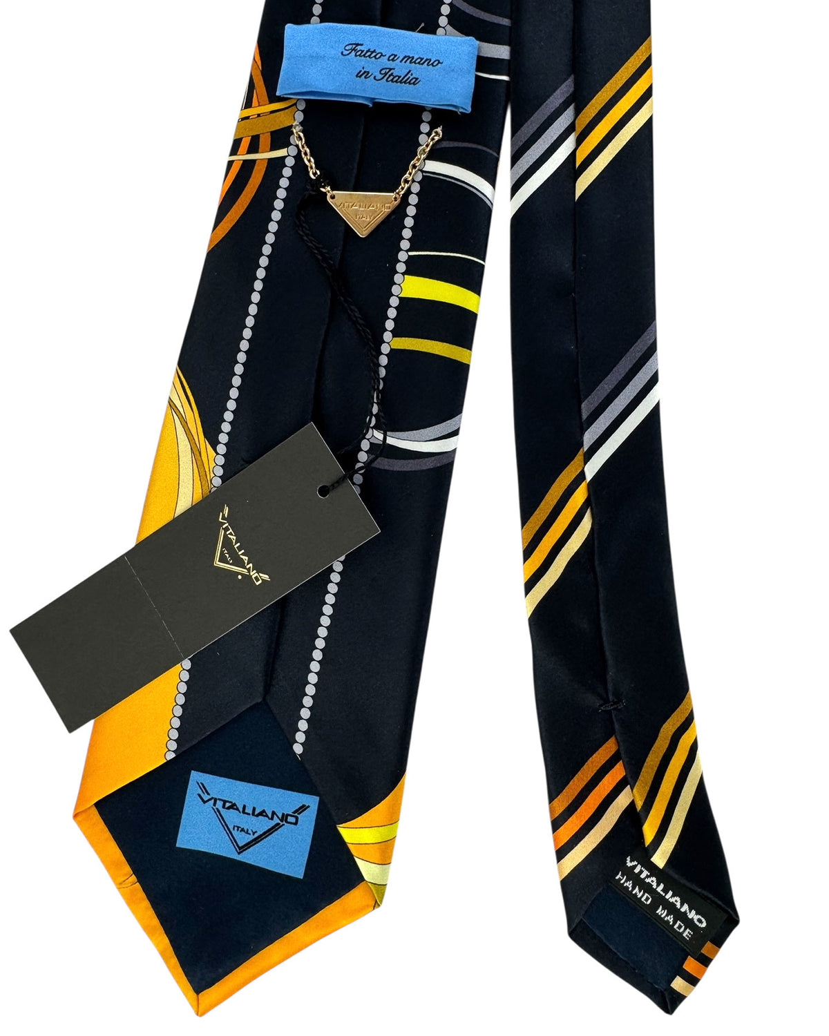 Vitaliano Pancaldi Silk Tie Black Orange-Gold Circles