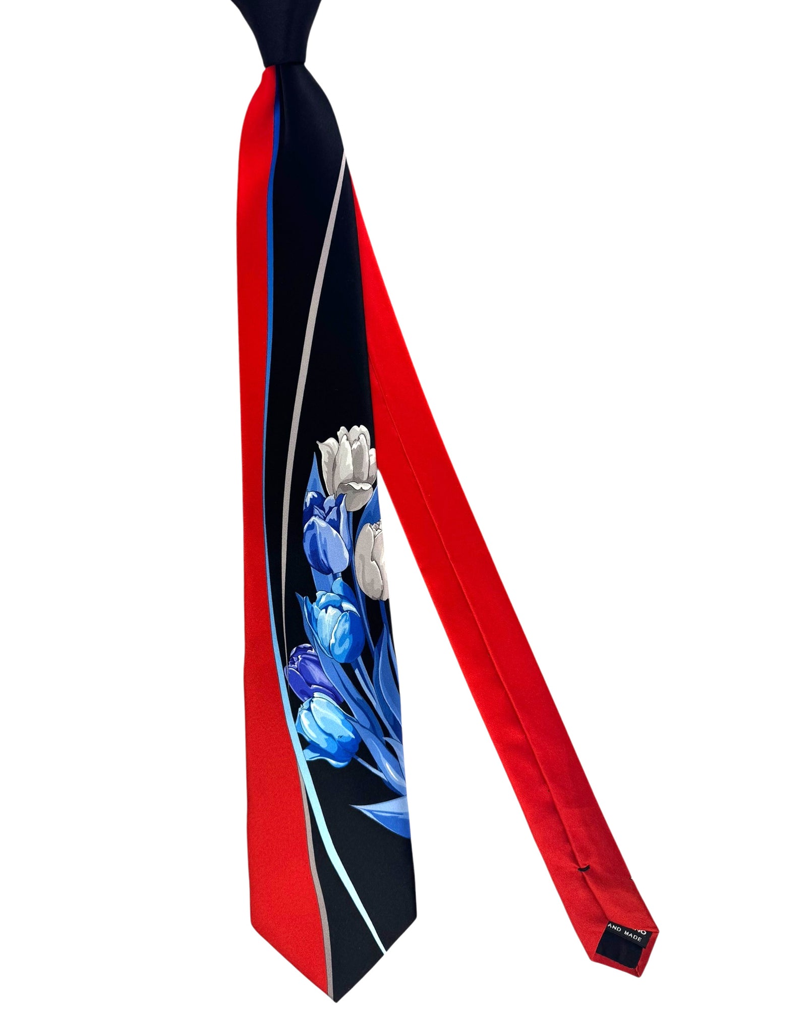 Vitaliano Pancaldi Silk Tie Black Red Blue Tulips Design