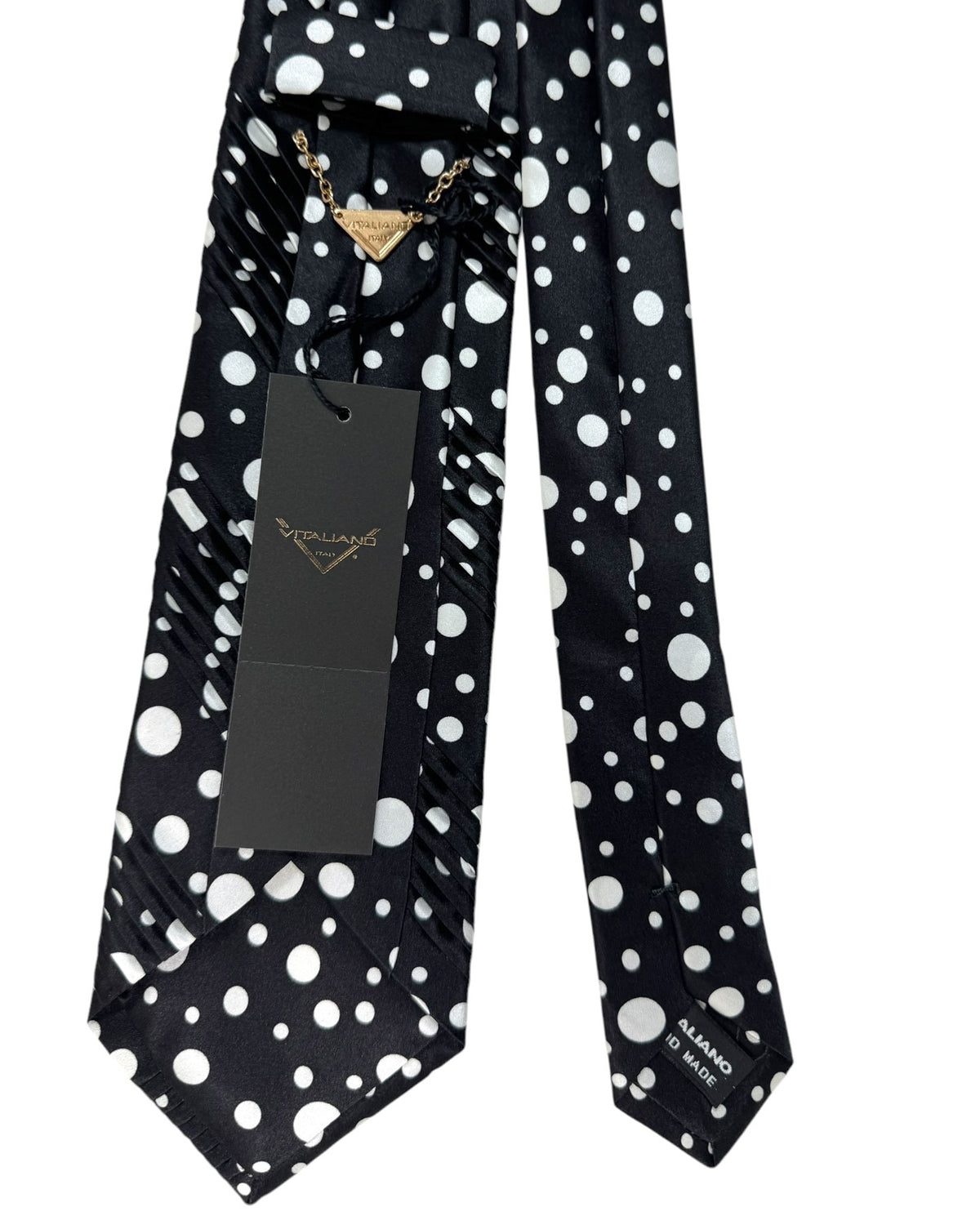 Vitaliano Pancaldi Pleated Silk Tie Black White Dots Design