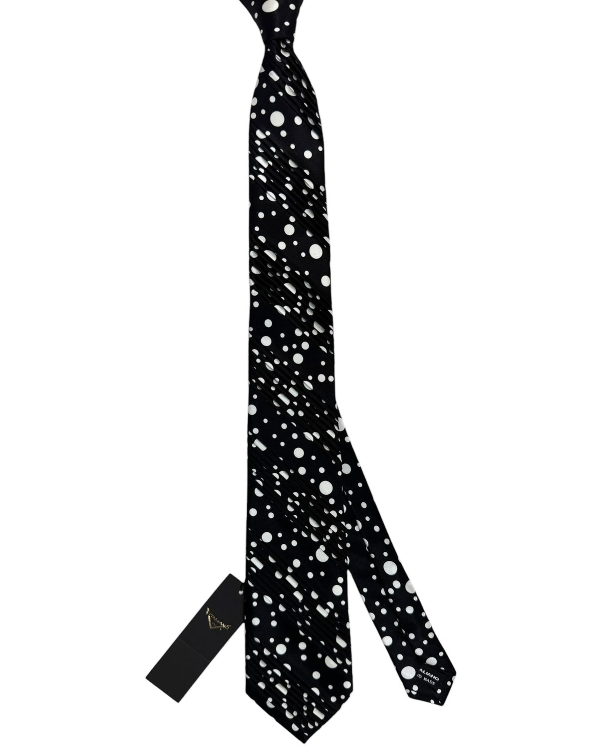 Vitaliano Pancaldi Pleated Silk Tie Black White Dots Design