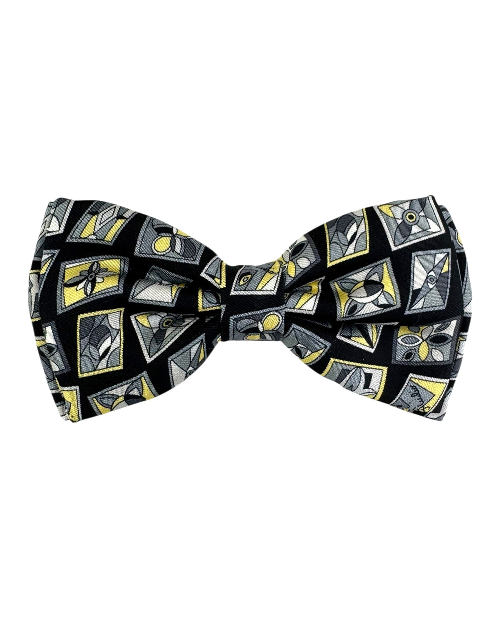 Emilio Pucci Silk Bow Tie Gray Black Yellow Geometric Flowers - Pre-Tied Bowtie
