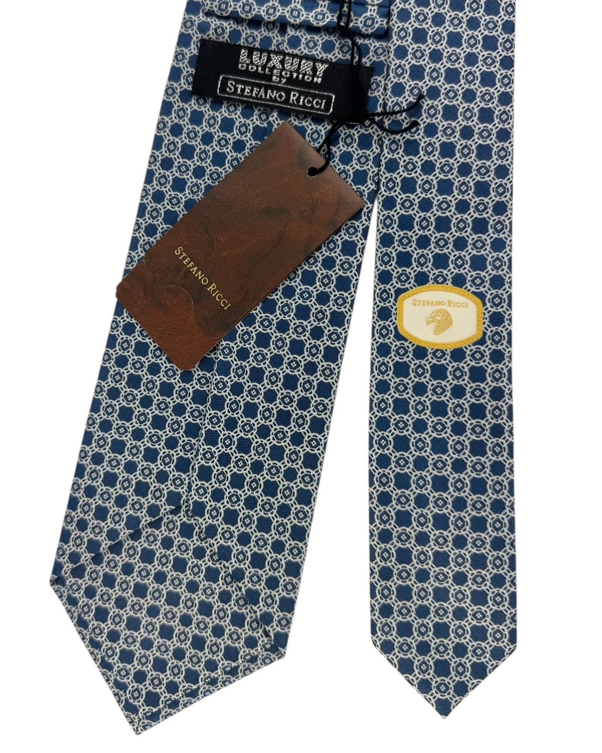 Stefano Ricci Tie Dark Blue Tie With Gray Geometric Chain Pattern