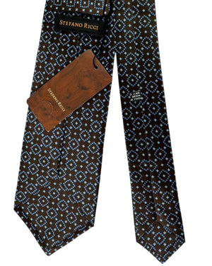 Stefano Ricci Pleated Silk Tie Brown Blue Diamond Pattern