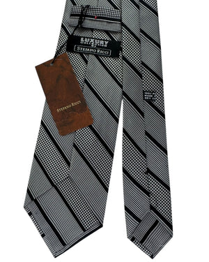 Stefano Ricci Pleated Silk Tie Black White Stripe and Houndstooth Pattern