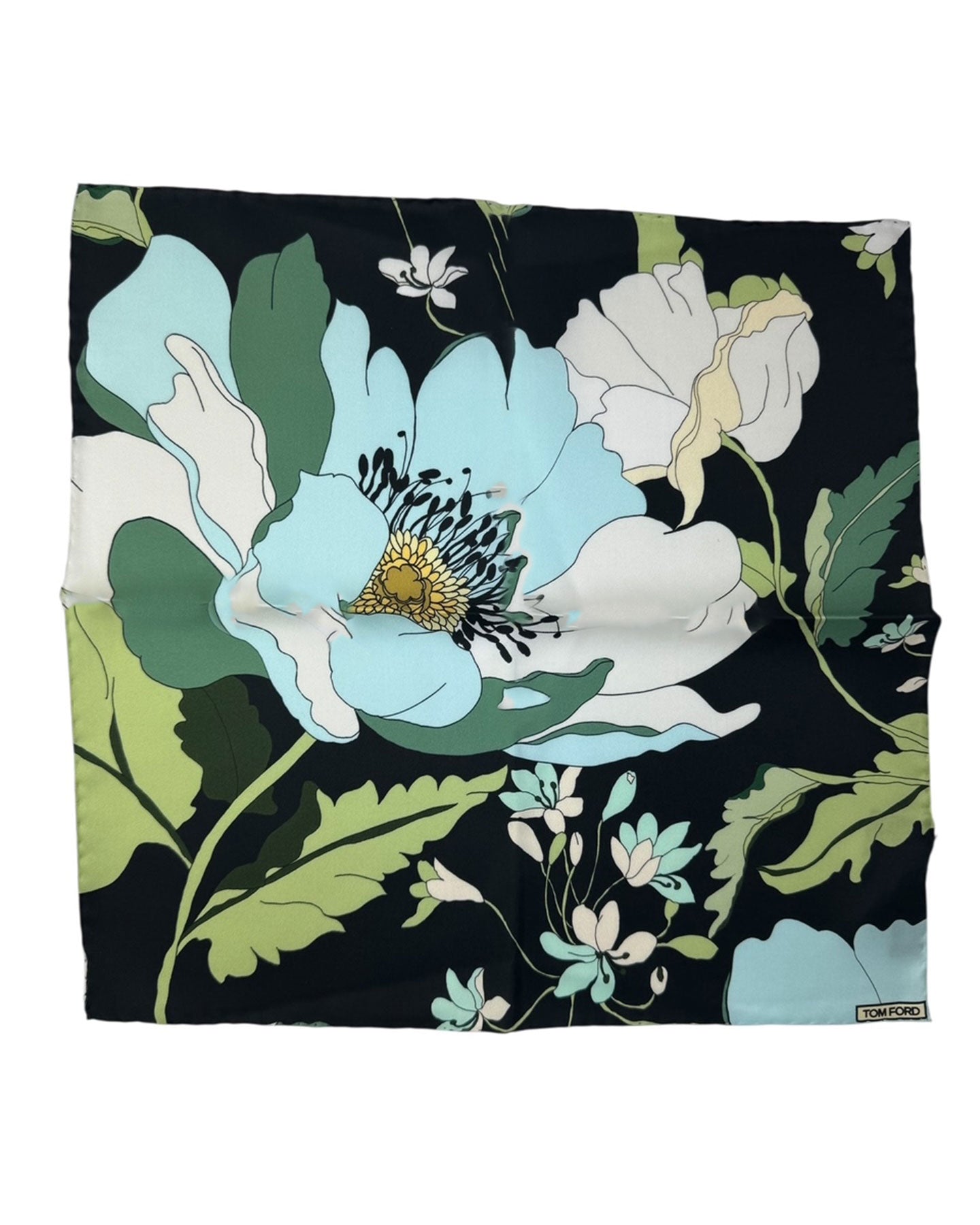 Tom Ford Pocket Square Black Sky Blue Green Abstact Floral