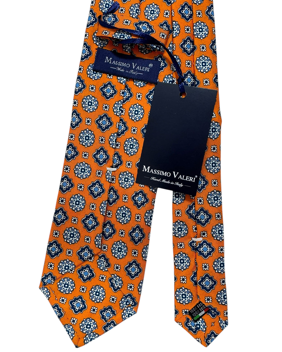 Massimo Valeri Extra Long Tie Orange Navy Blue Medallion 