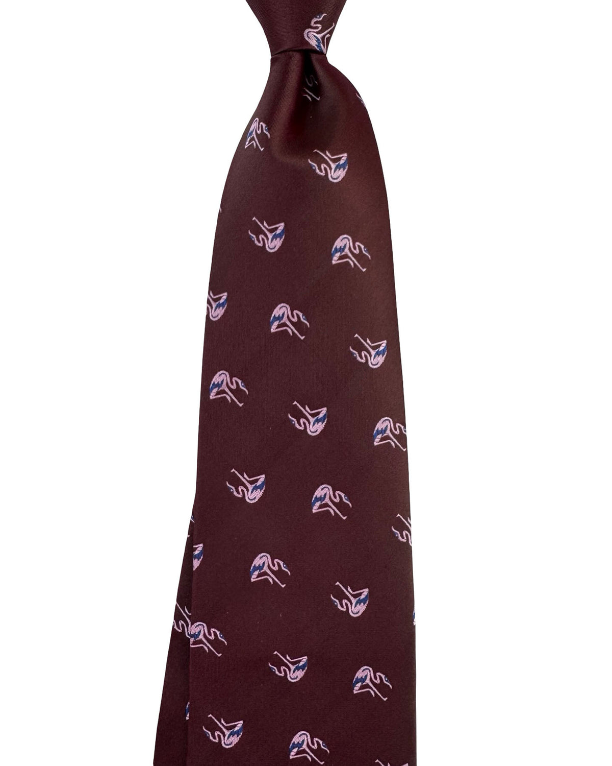 Valextra Silk Tie Brown With Pink Flamingo Motifs - Wide Necktie