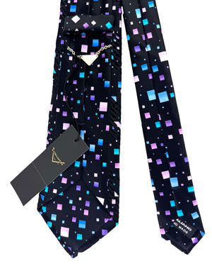Vitaliano Pancaldi Pleated Silk Tie Purple Black Aqua Squares