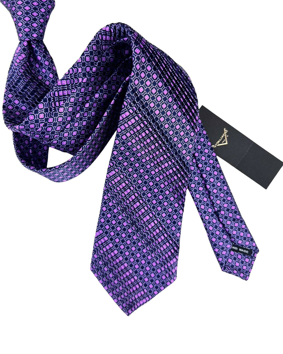Vitaliano Pancaldi Pleated Silk Tie Purple Geometric Design