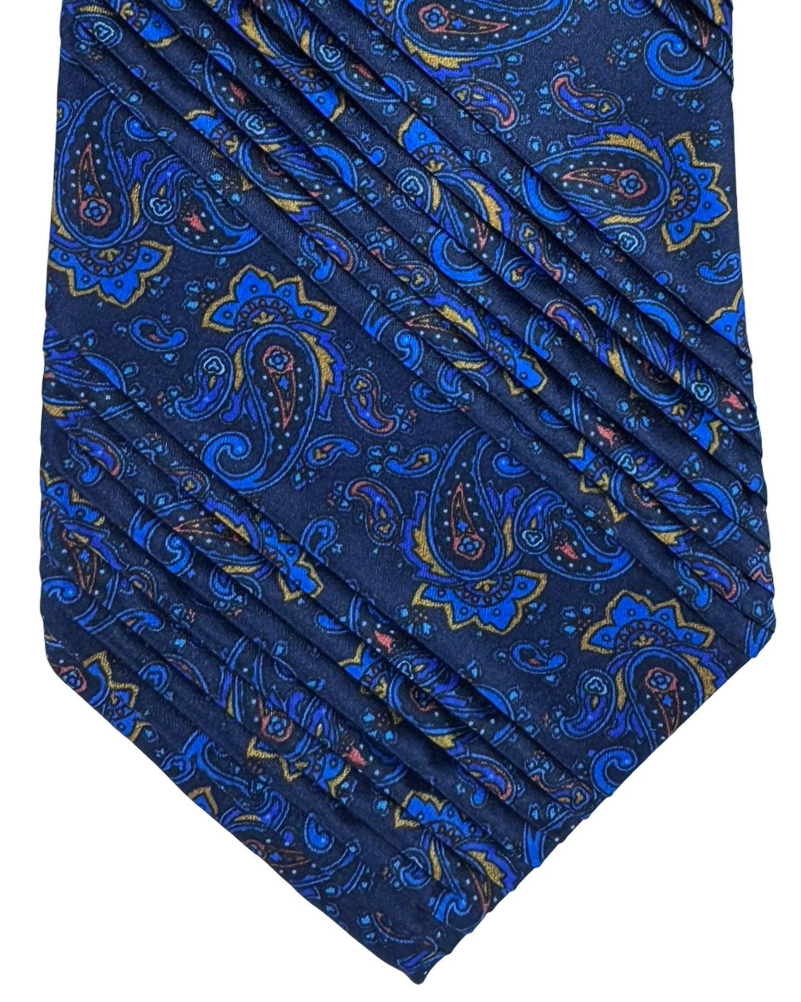 Vitaliano Pancaldi Pleated Silk Tie Navy Royal Blue Paisley