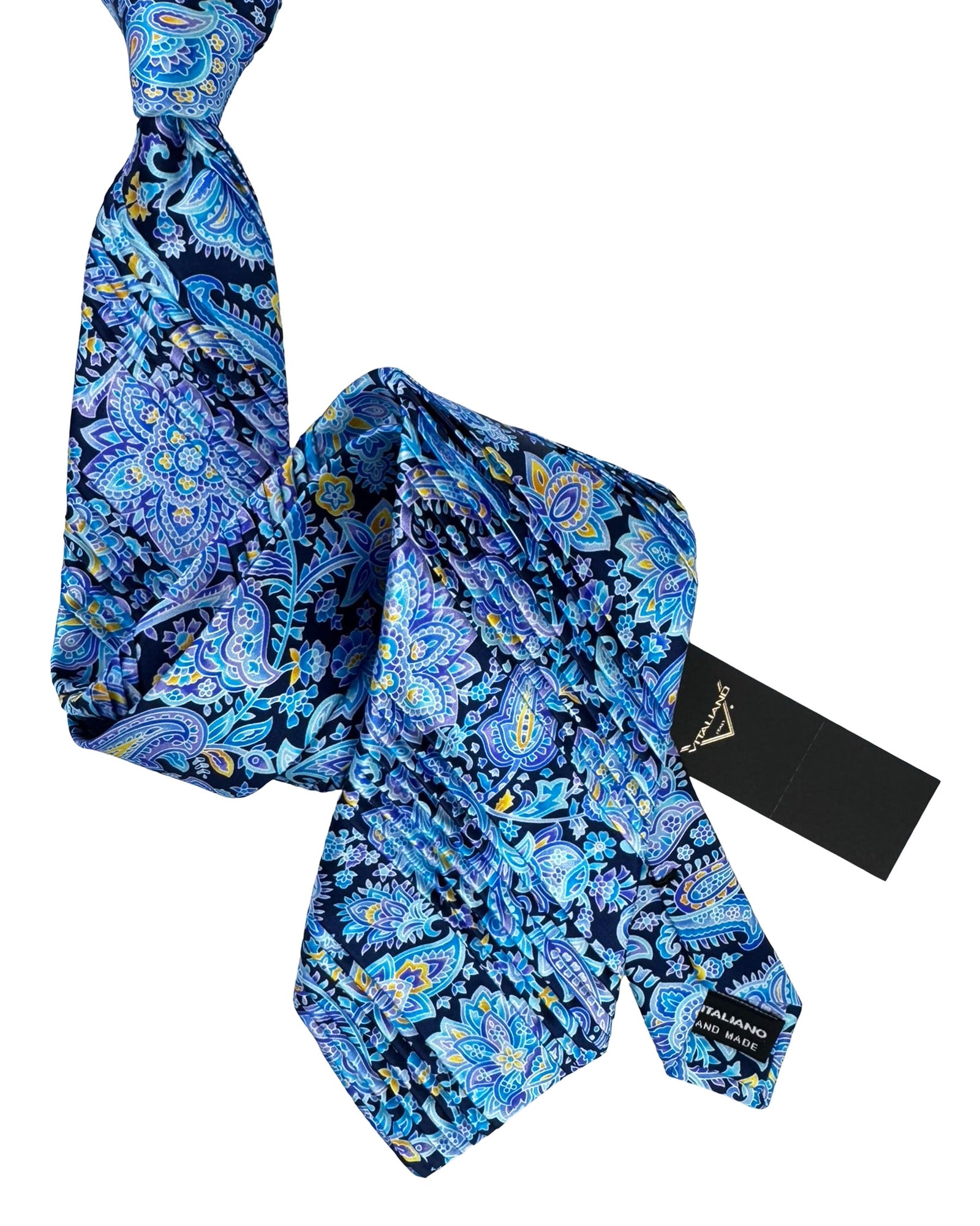 Vitaliano Pancaldi Pleated Silk Tie Blue Purple Paisley