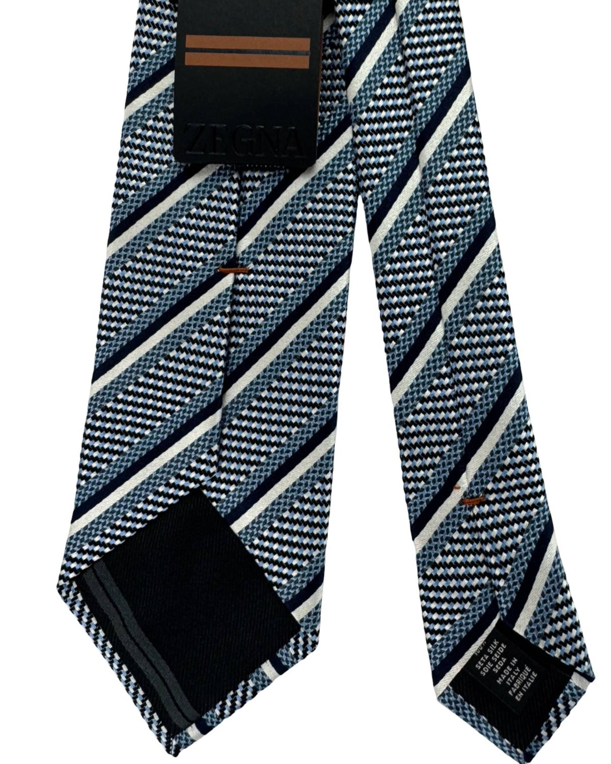 Ermenegildo Zegna Silk Tie Gray Midnight Blue Silver Patterned Stripes