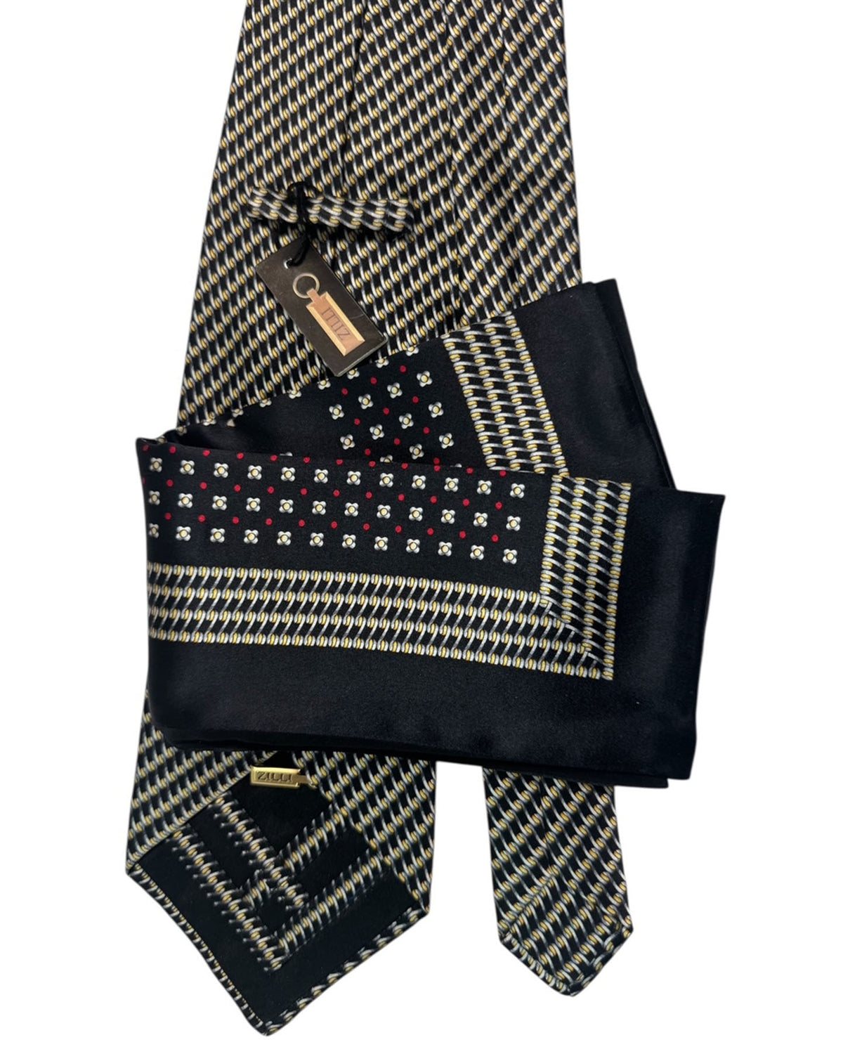 Zilli Silk Tie & Matching Pocket Square Set Black And Ivory Houndstooth