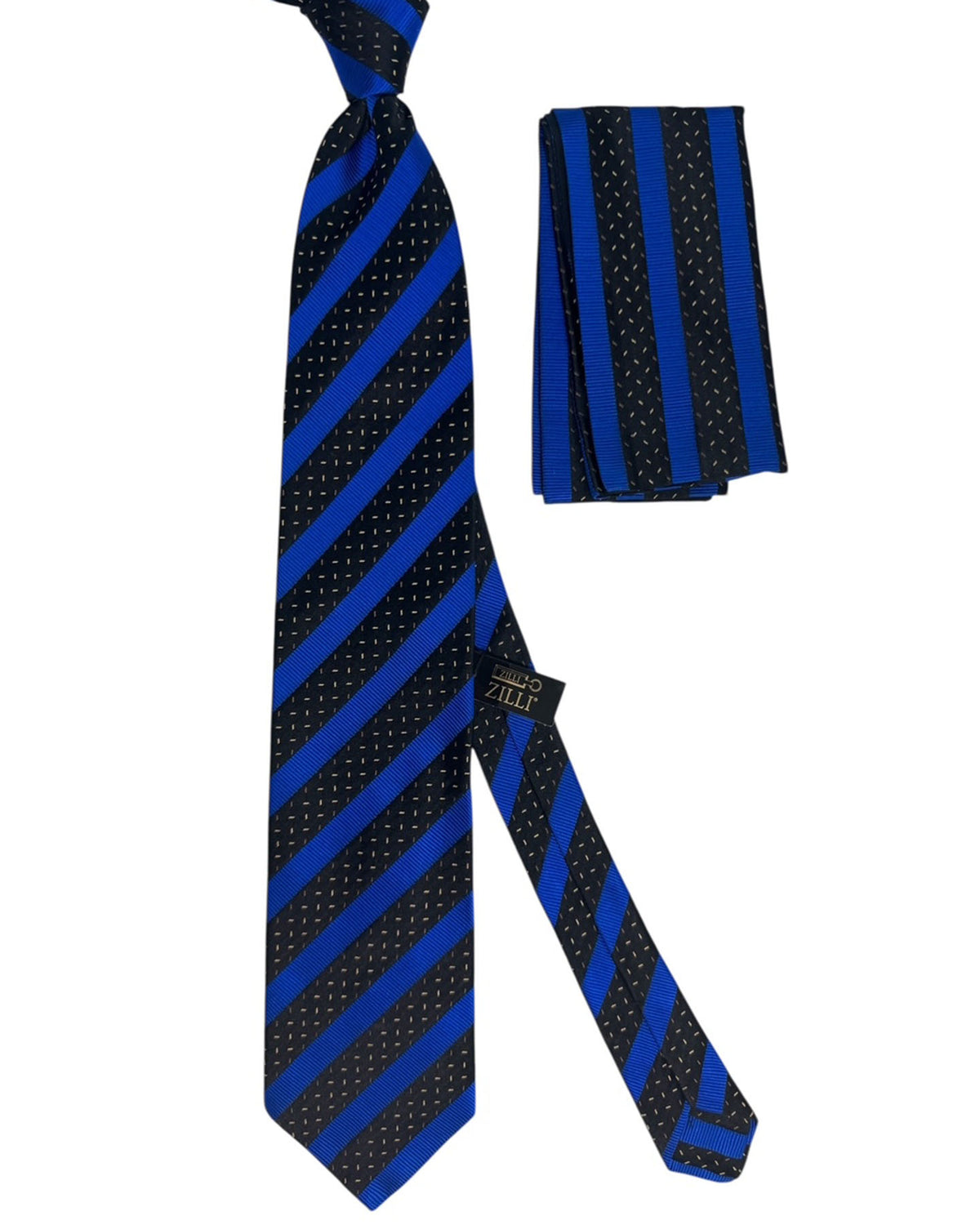 Zilli Silk Tie & Matching Pocket Square Set Black And Blue Stripe