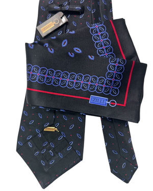Zilli Silk Tie & Matching Pocket Square Set Black And Red Mini Ellipse