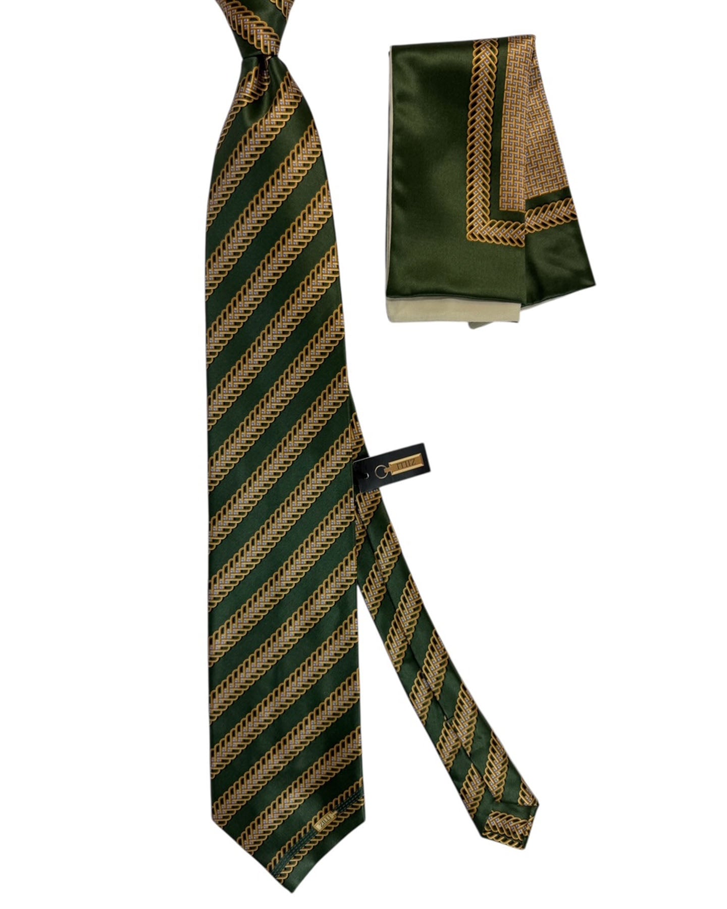 Zilli Silk Tie & Matching Pocket Square Set  Dark Olive Greenery  Gold Stripes
