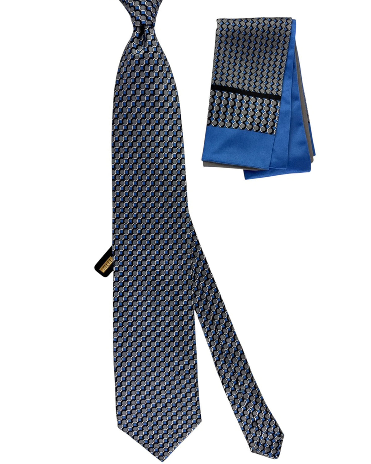 Zilli Silk Tie & Matching Pocket Square Set Dark Blue And Gray Circles