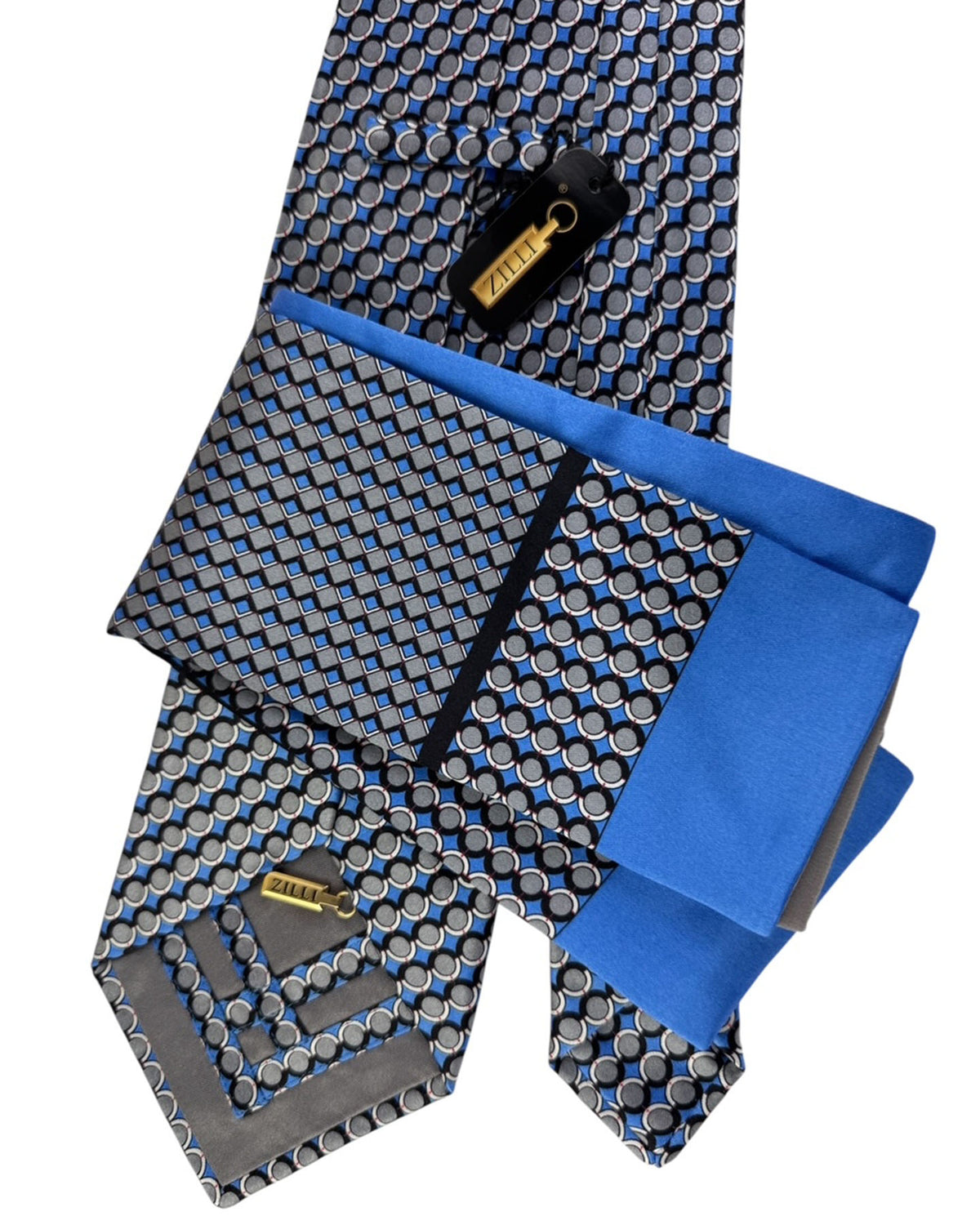 Zilli Silk Tie & Matching Pocket Square Set Blue And Black Circle Repeat