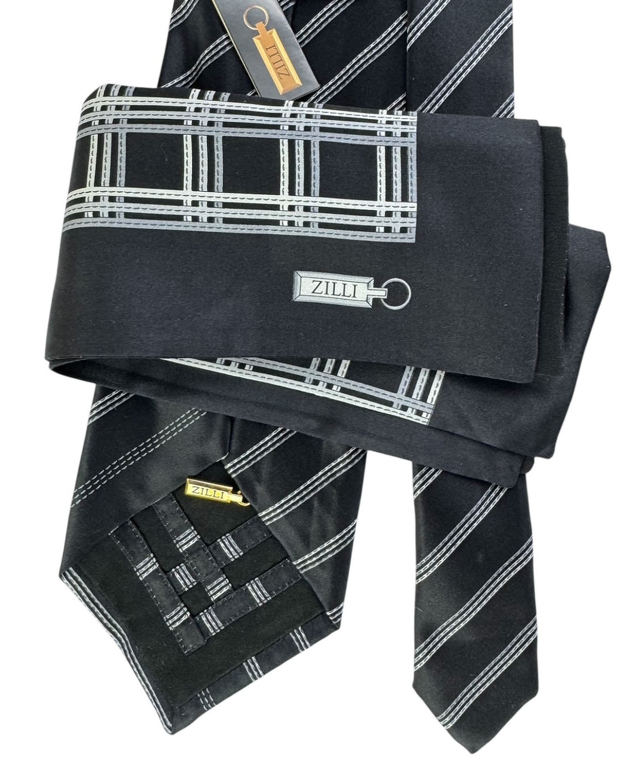 Zilli Silk Tie & Matching Pocket Square Set Black With White Pinstripes