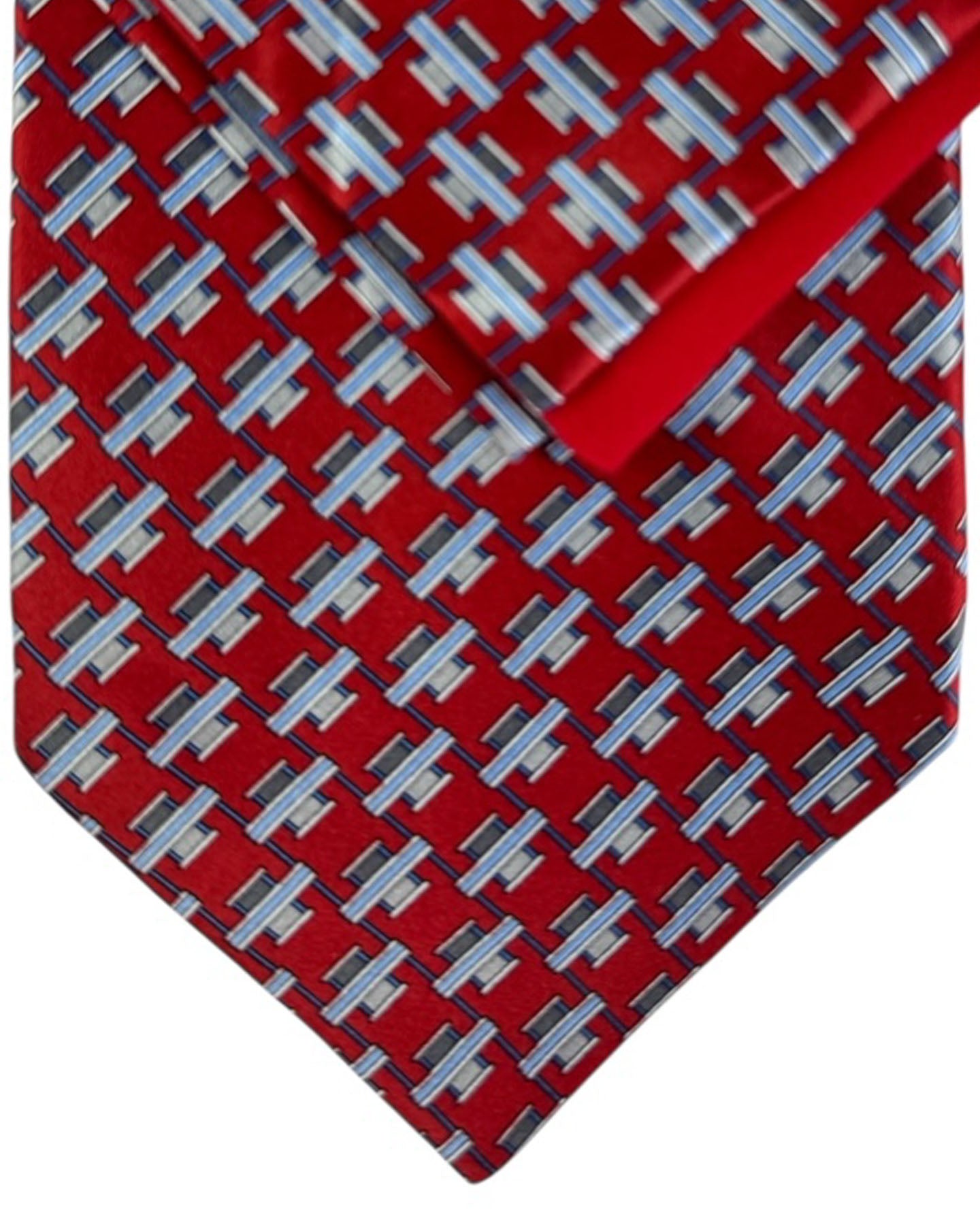 Zilli Silk Tie & Matching Pocket Square Set Red Blue Grey Interlock