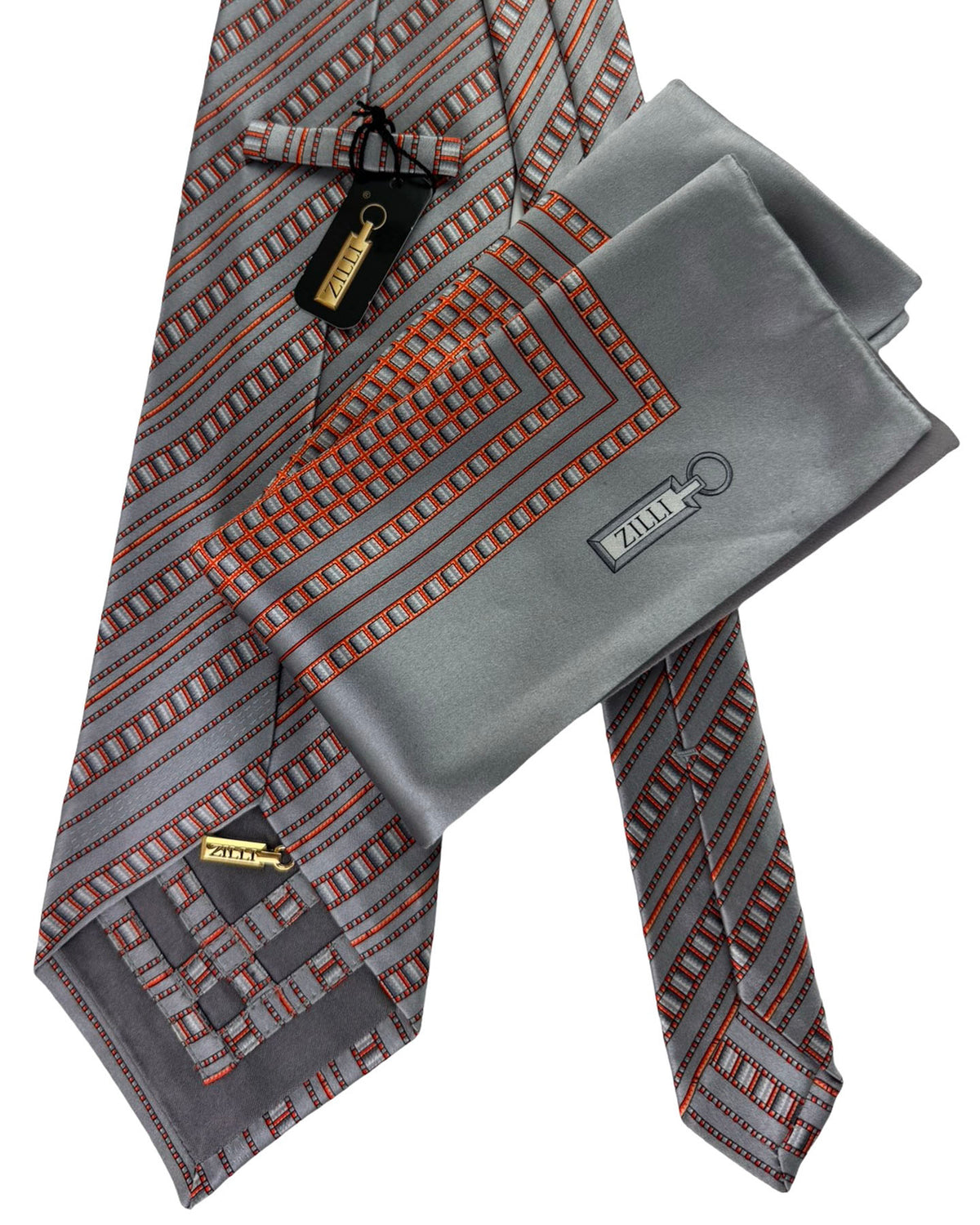 Zilli Tie & Matching Pocket Square Set Silver Grey Stripe with Orange Accents