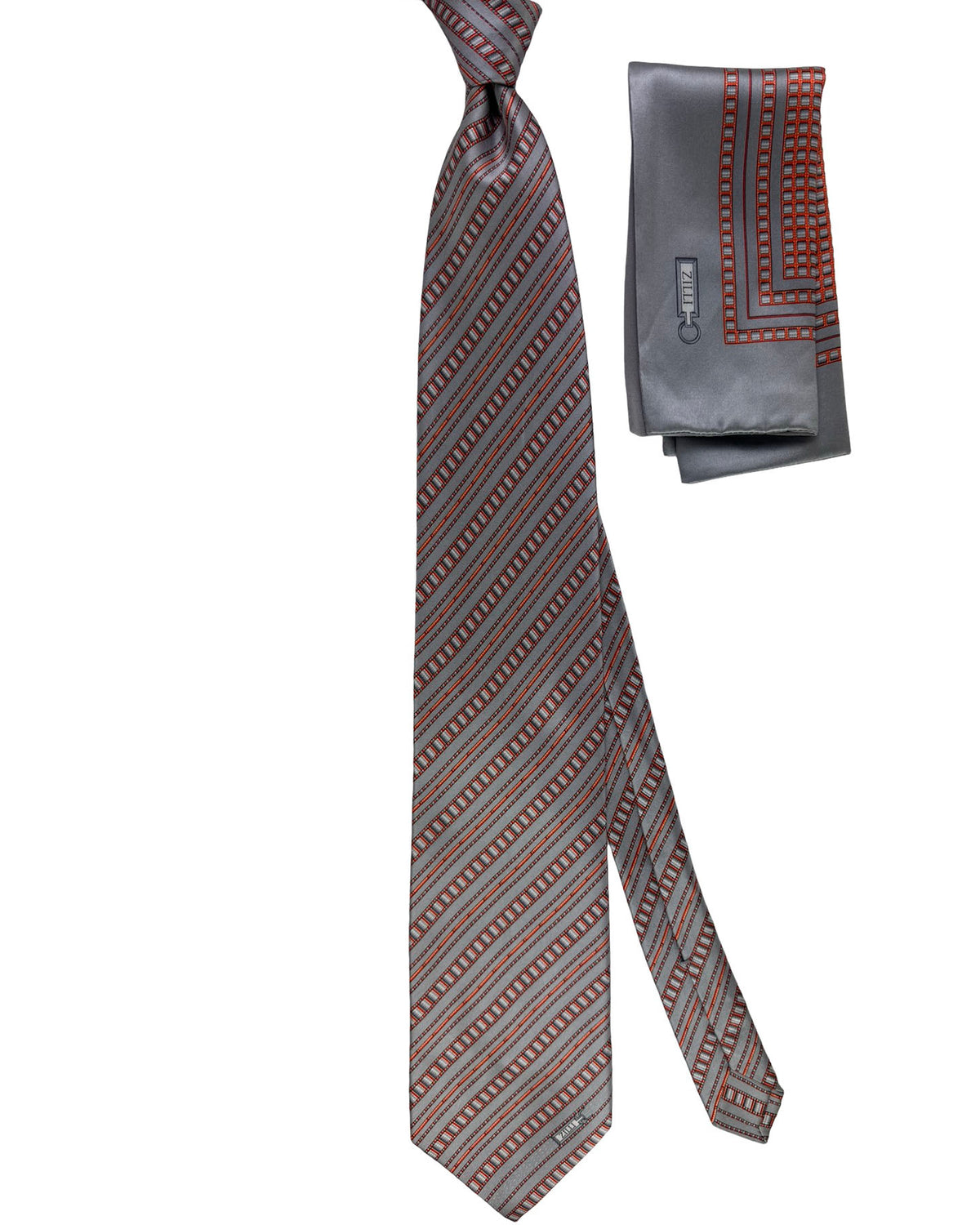 Zilli Tie & Matching Pocket Square Set Silver Grey Stripe with Orange Accents