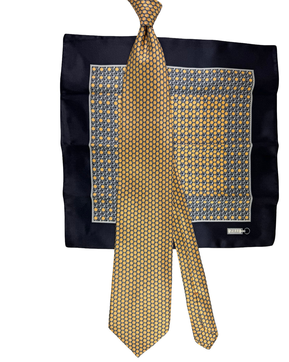 Zilli Tie & Matching Pocket Square Set Gold Black Hexagon Pattern