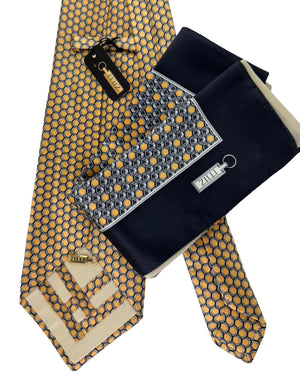 Zilli Tie & Matching Pocket Square Set Gold Black Hexagon Pattern