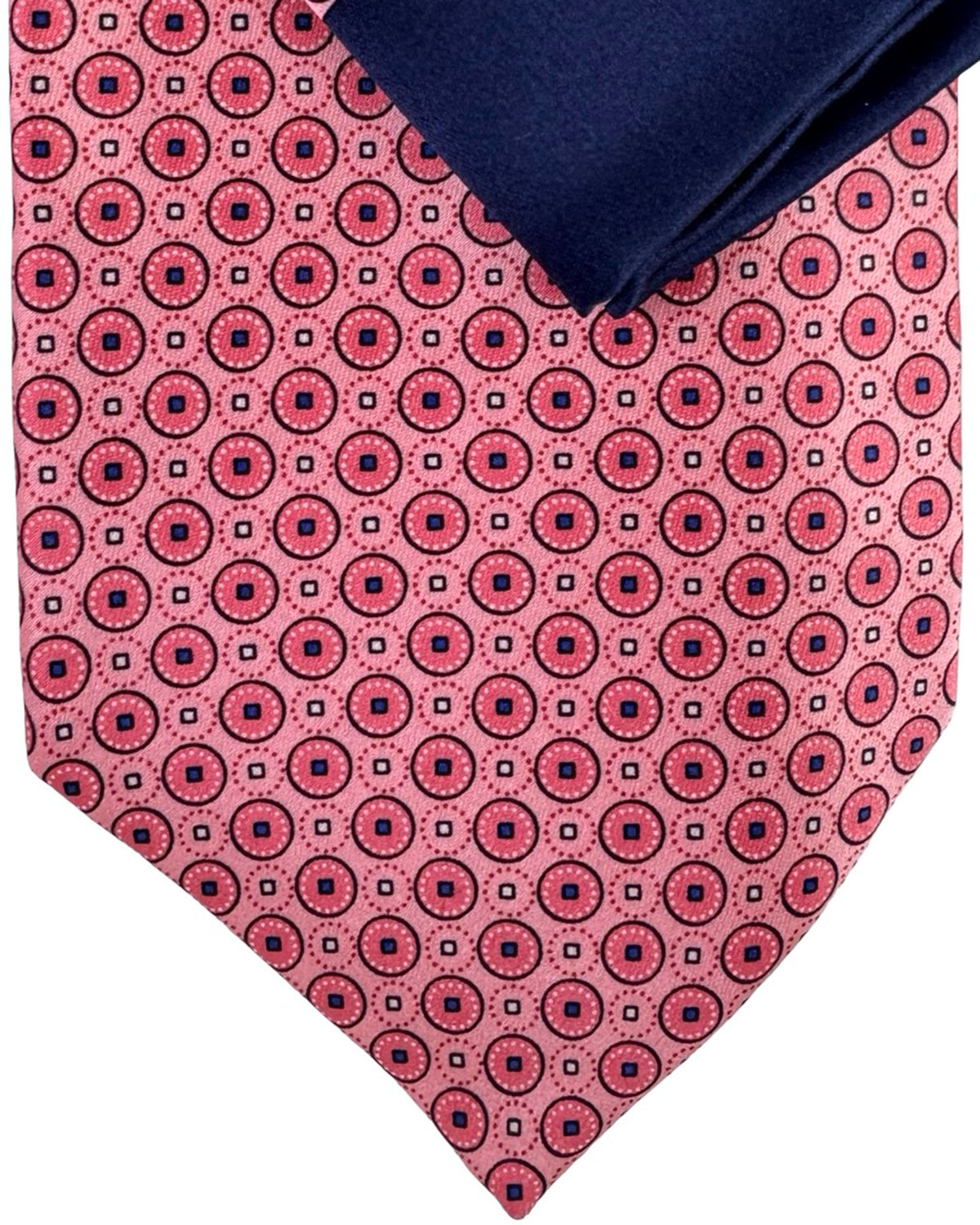 Zilli Tie & Matching Pocket Square Set Pink Navy Medallion Dot Pattern