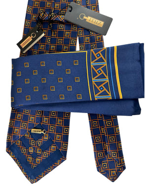 Zilli Tie & Matching Pocket Square Set Navy Gold Framed Square Pattern
