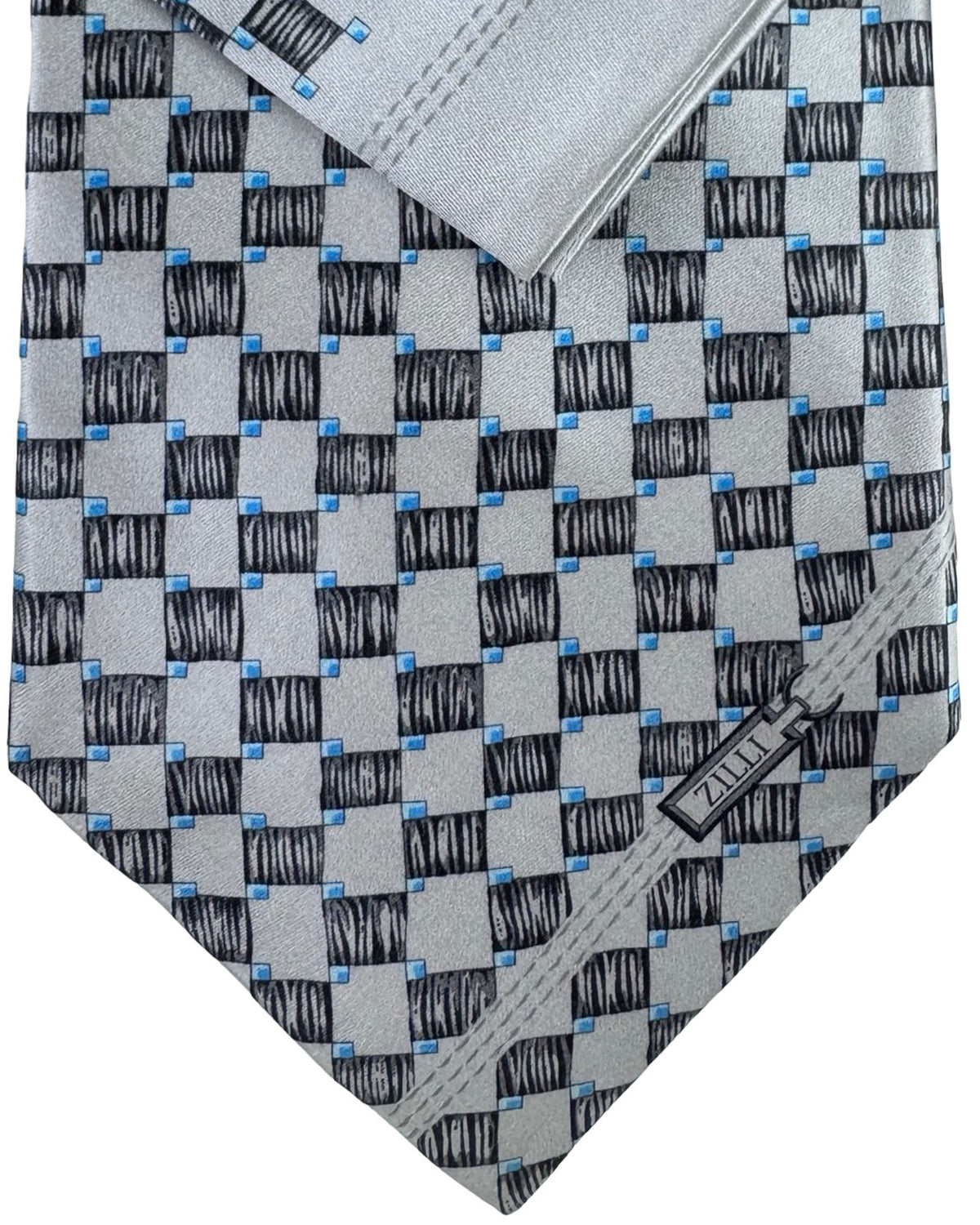 Zilli Extra Long Tie & Matching Pocket Square Set Grey And Black Checker Grid