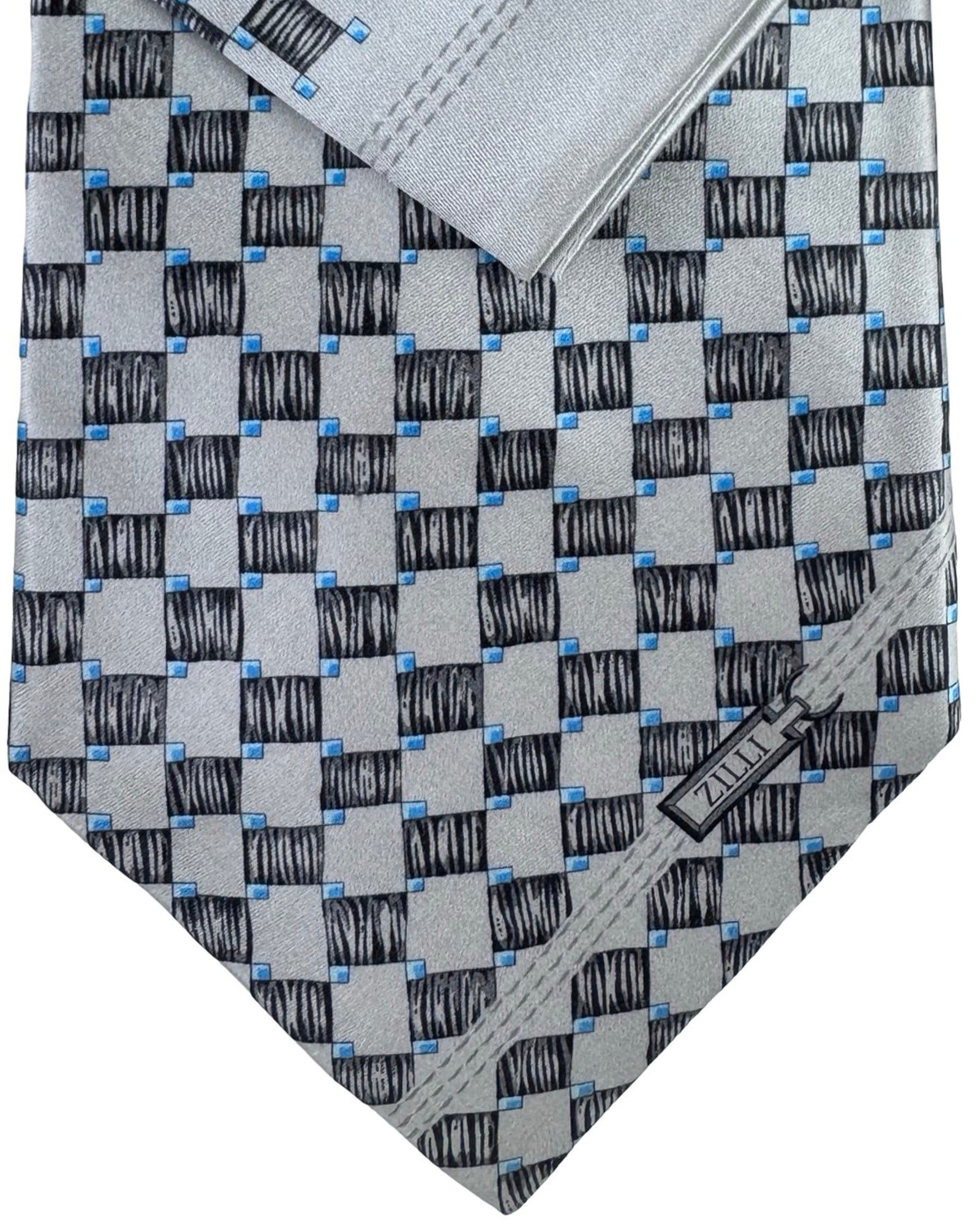 Zilli Extra Long Tie & Matching Pocket Square Set Grey And Black Checker Grid