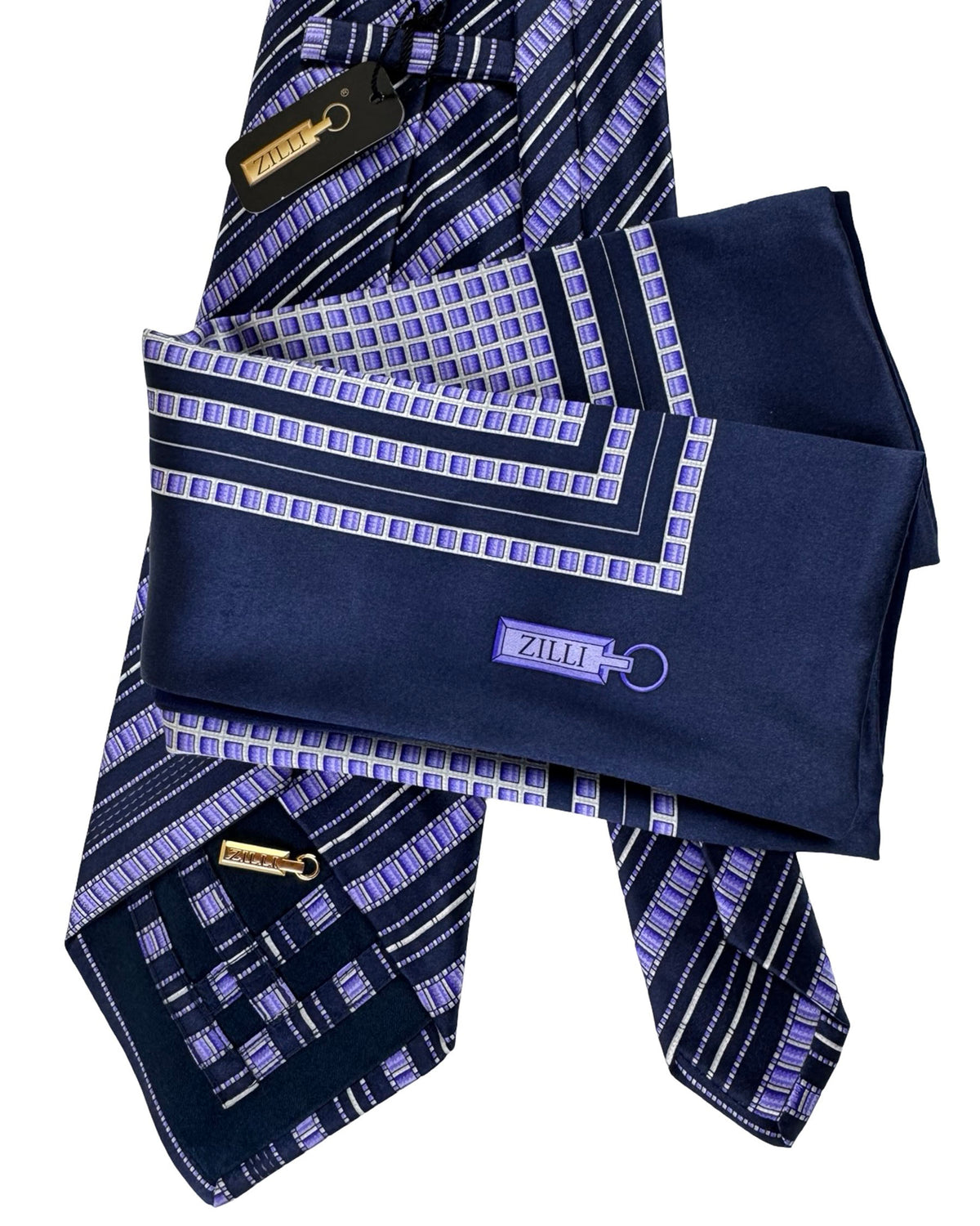 Zilli Tie & Matching Pocket Square Set Purple And Light Blue Chain Link