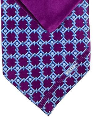 Zilli Tie & Matching Pocket Square Set Purple Blue Chain Link Pattern