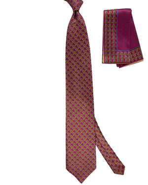 Zilli Tie & Matching Pocket Square Set Purple Gold Interlocking Ring Pattern