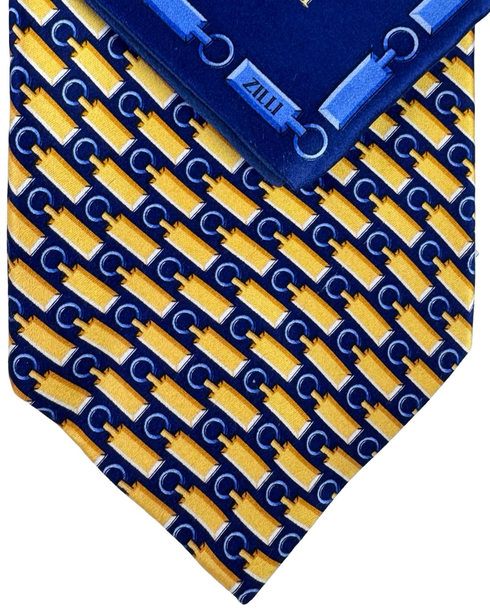 Zilli Tie & Matching Pocket Square Set Signature Navy Gold Logo Key Chain SALE