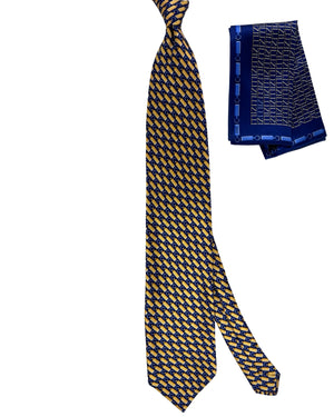 Zilli Tie & Matching Pocket Square Set Navy Gold Logo Key Chain