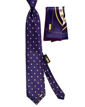 Zilli Silk Tie & Matching Pocket Square Set Aubergine Purple Gold SALE