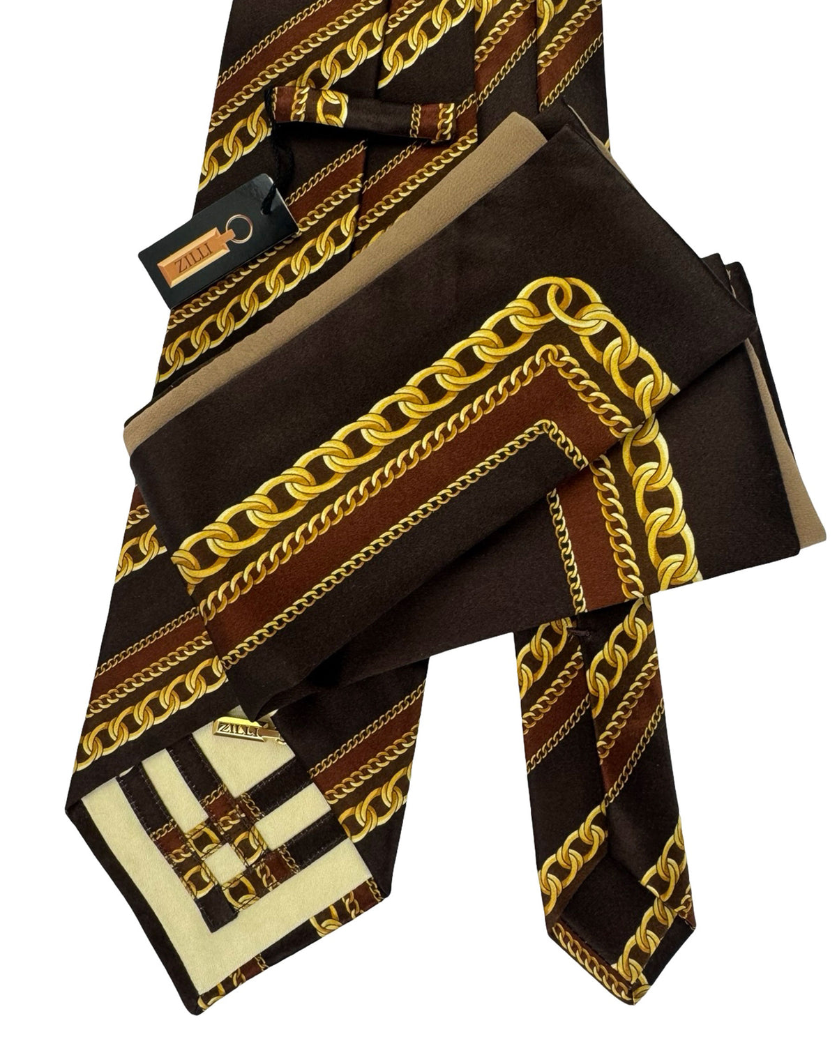 Zilli Silk Tie & Matching Pocket Square Set Brown Gold Chainlink Stripes