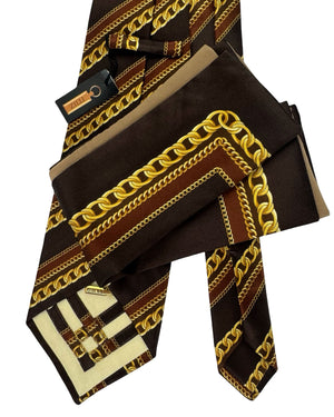 Zilli Silk Tie & Matching Pocket Square Set Brown Gold Chainlink Stripes