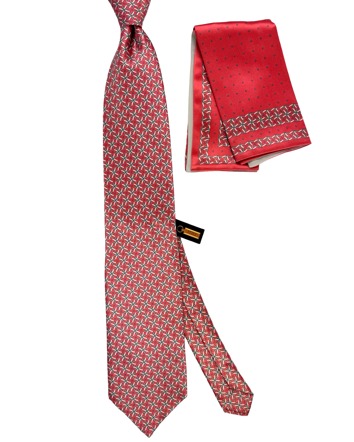 Zilli Silk Tie & Matching Pocket Square Set Pink Grey Star Design SALE
