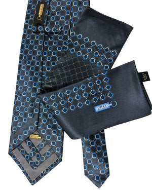 Zilli Necktie & Matching Pocket Square Set Dark Gray Blue Orange Geometric FINAL SALE