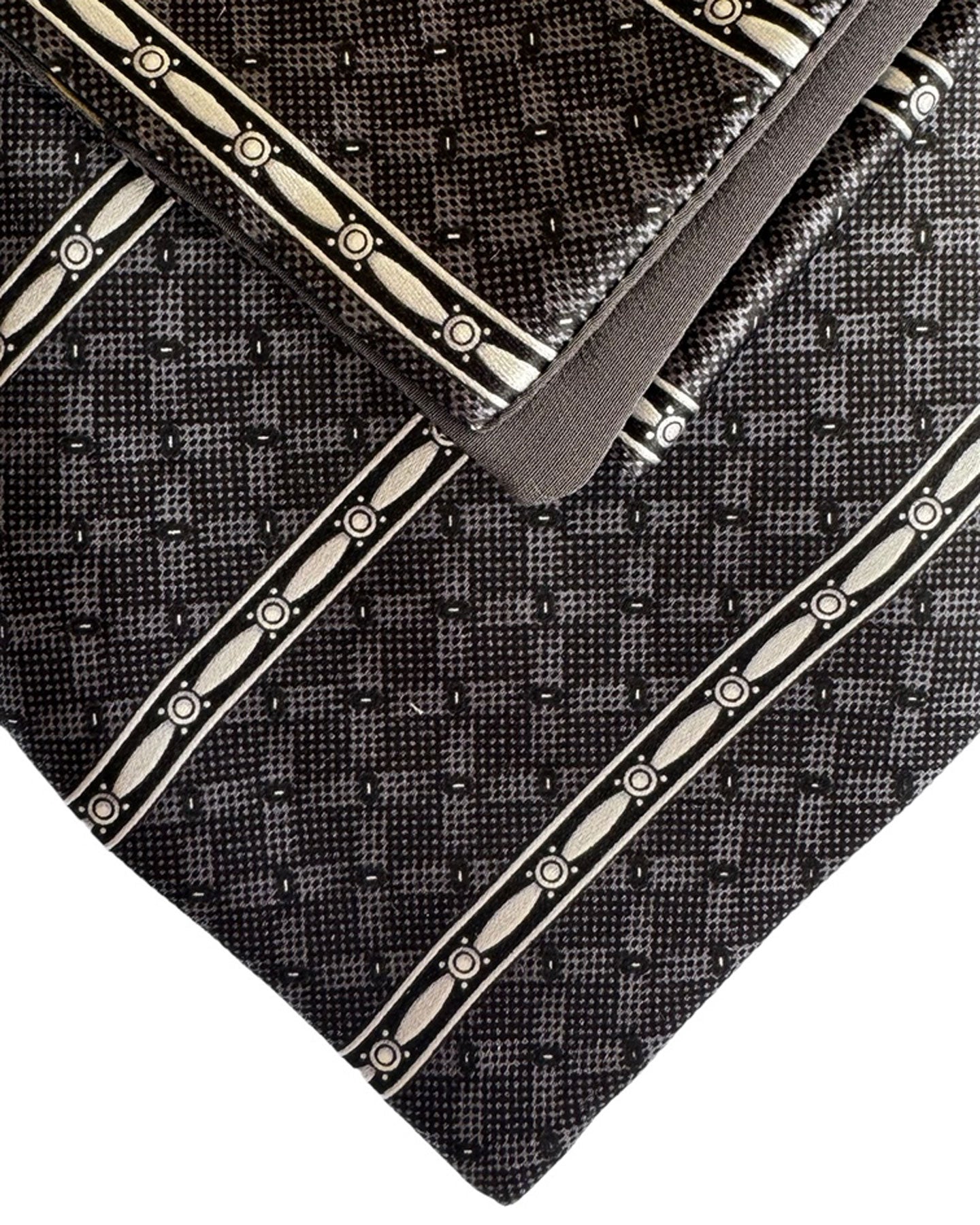Zilli Tie & Pocket Square Set Black Ivory Gingham Stripes Design