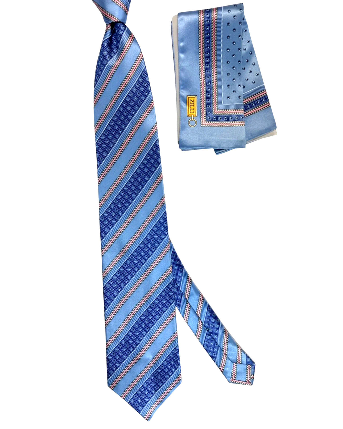 Zilli Silk Tie & Matching Pocket Square Set Sky Blue  Pink Gray Stripes
