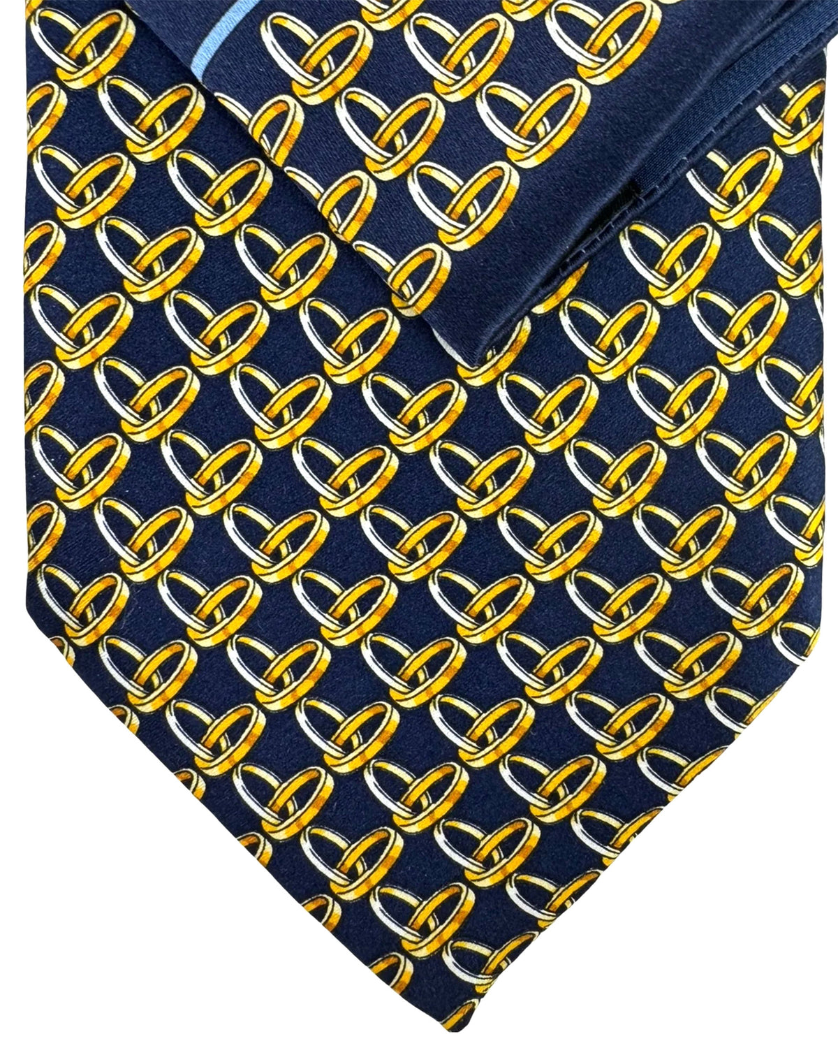 Zilli Silk Tie & Matching Pocket Square Set Midnight Blue Gold Interlocking Rings