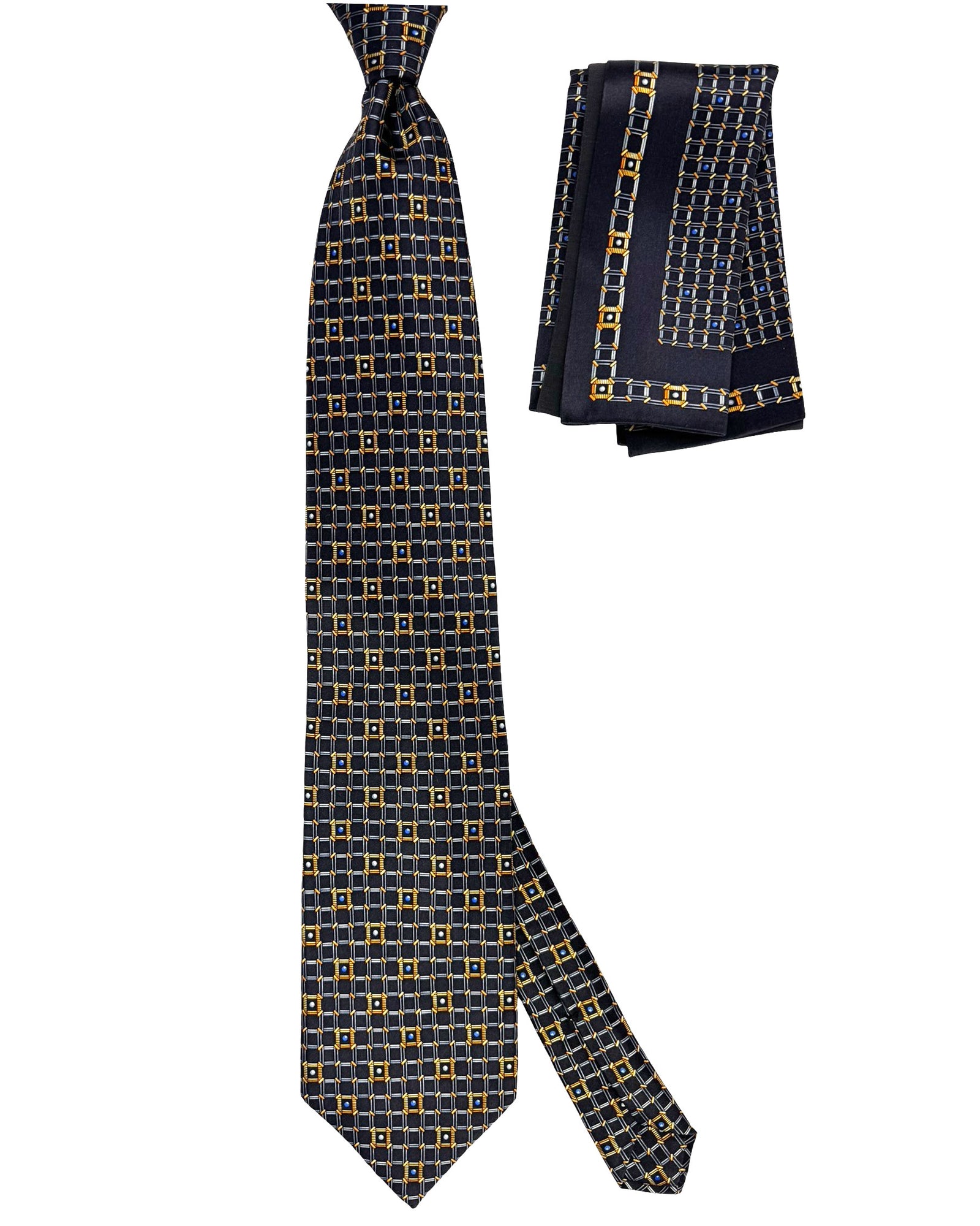 Zilli Silk Tie & Matching Pocket Square Set Black Gray Gold